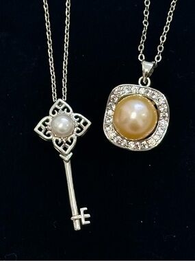 Sterling Silver Pearl Necklace Bundle | Key Pendant + Halo Pearl Necklace